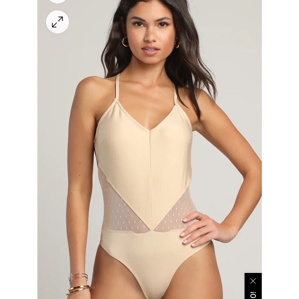 A Bit of Magic‎ Beige Swiss Dot Sleeveless Mesh Bodysuit Size S NWOT